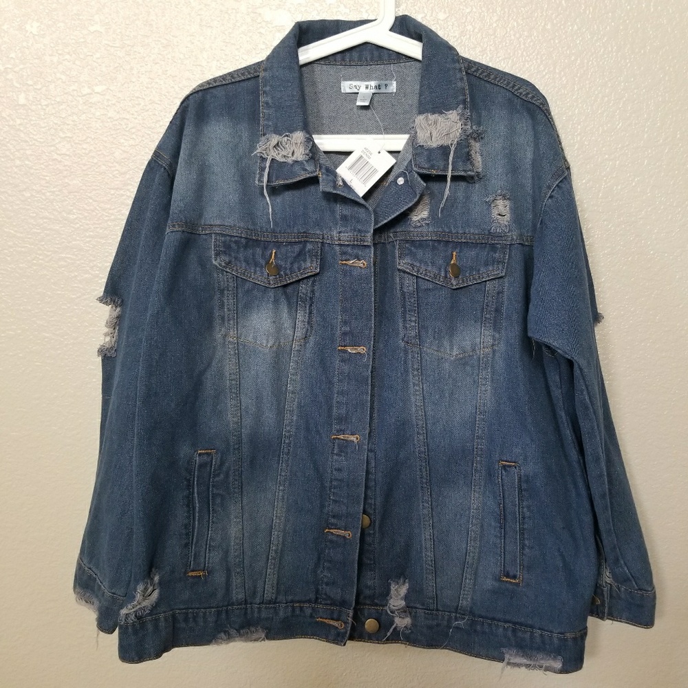 Say What? Distressed Denim Jacket Size Large